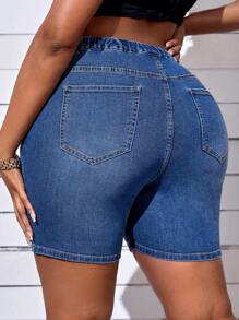 SHEIN SXY Plus Ripped Elastic Waist Denim Shorts - Medium Wash - View 2