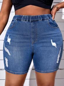 SHEIN SXY Plus Ripped Elastic Waist Denim Shorts - Medium Wash - View 4