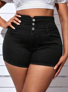 Quần short denim oversized Túi Dây kéo Nút phía trước màu trơn - màu đen - Xem 3