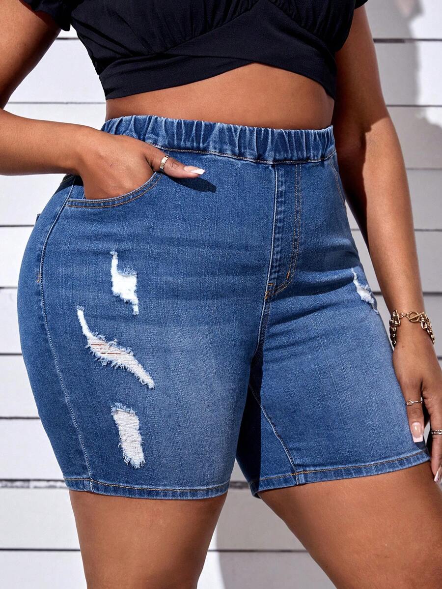 SHEIN SXY Plus Ripped Elastic Waist Denim Shorts - Medium Wash - View 1
