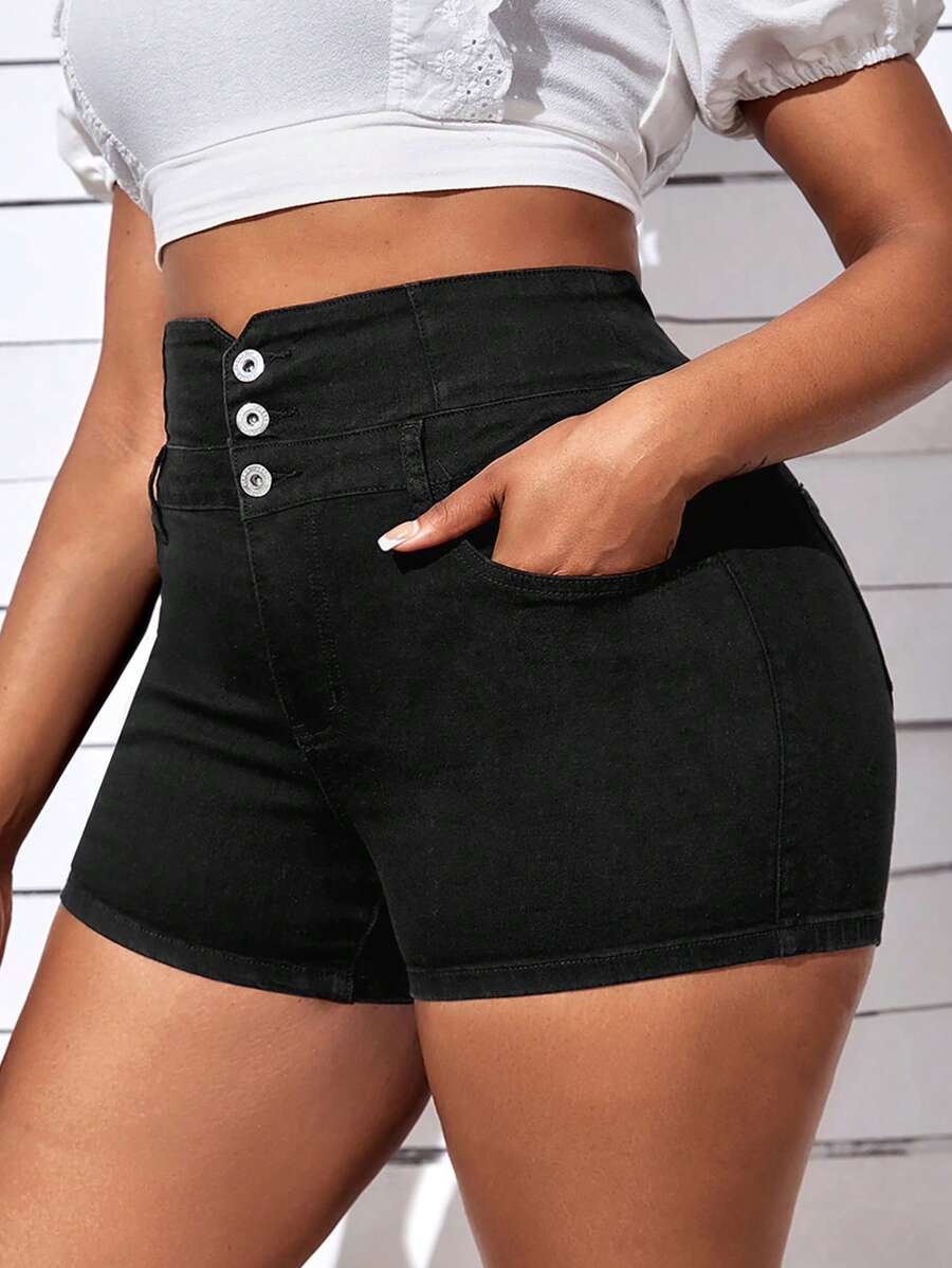 Quần short denim oversized Túi Dây kéo Nút phía trước màu trơn - màu đen - Xem 1