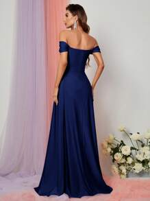 Faeriesty 一字肩褶邊高衩超長伴娘連衣裙 - 藏蓝色 - 查看 3