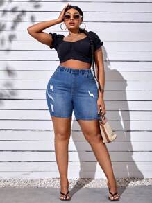 SHEIN SXY Plus Ripped Elastic Waist Denim Shorts - Medium Wash - View 7