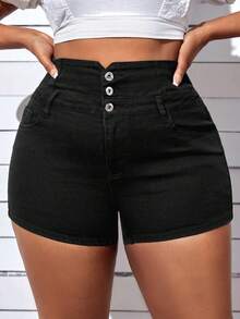 Quần short denim oversized Túi Dây kéo Nút phía trước màu trơn - màu đen - Xem 5