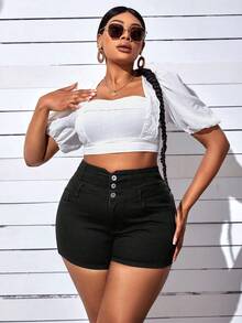 Quần short denim oversized Túi Dây kéo Nút phía trước màu trơn - màu đen - Xem 6