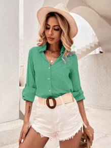 GENKIRA Áo sơ mi nữ Túi Nút phía trước màu trơn Giải trí - màu xanh lá - Xem 4