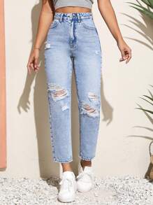 SHEIN Unity Jeans ajustados mom desgarro - Lavado ligero - Ver 1