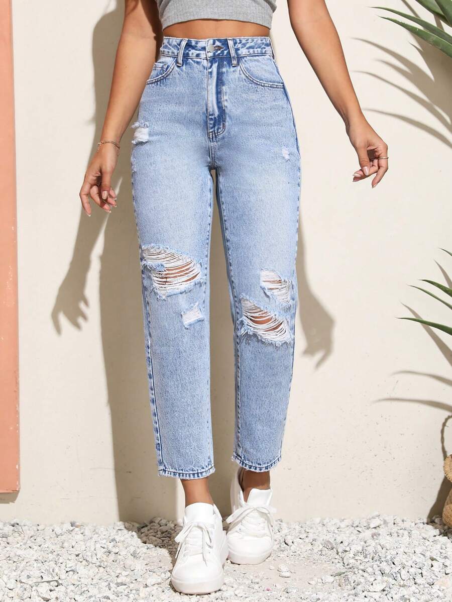 SHEIN Unity Jeans ajustados mom desgarro - Lavado ligero - Ver 1