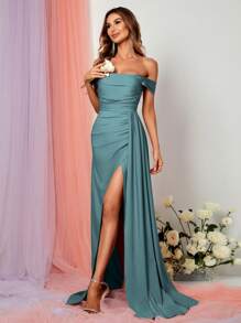 Faeriesty Women's Elegant Satin Off-Shoulder Evening Dress, High Slit Hem | Perfect For Bridesmaid, Formal Dinner, Luxury Wedding, Gala Event Or Red Carpet | Bridesmaid Dress, Summer Vacation Outfit - Cadet Blue - View 4