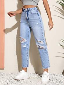 SHEIN Unity Jeans ajustados mom desgarro - Lavado ligero - Ver 3