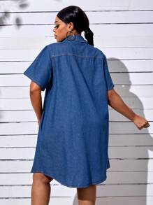 SHEIN SXY Đầm Denim kích thước lớn Nút phía trước Túi màu trơn Giải trí - Rửa trung bình - Xem 5