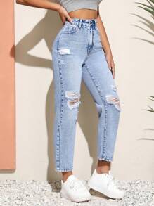 SHEIN Unity Jeans ajustados mom desgarro - Lavado ligero - Ver 4