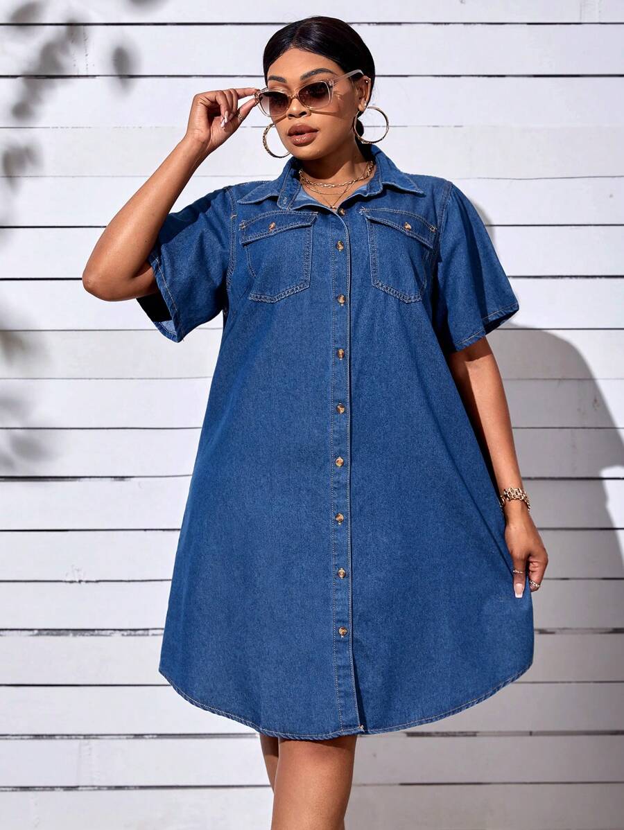 SHEIN SXY Đầm Denim kích thước lớn Nút phía trước Túi màu trơn Giải trí - Rửa trung bình - Xem 1