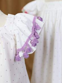 年輕女孩彩色波卡圓點流蘇裝飾派對禮服 - 白色 - 查看 3