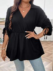 SHEIN Unity Plus Drawstring Side Batwing Sleeve Peplum Blouse - Black - View 4