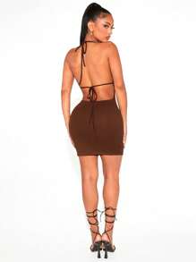 SHEIN SXY 前鏤空繞頸露背緊身連衣裙 - 巧克力棕 - 查看 2
