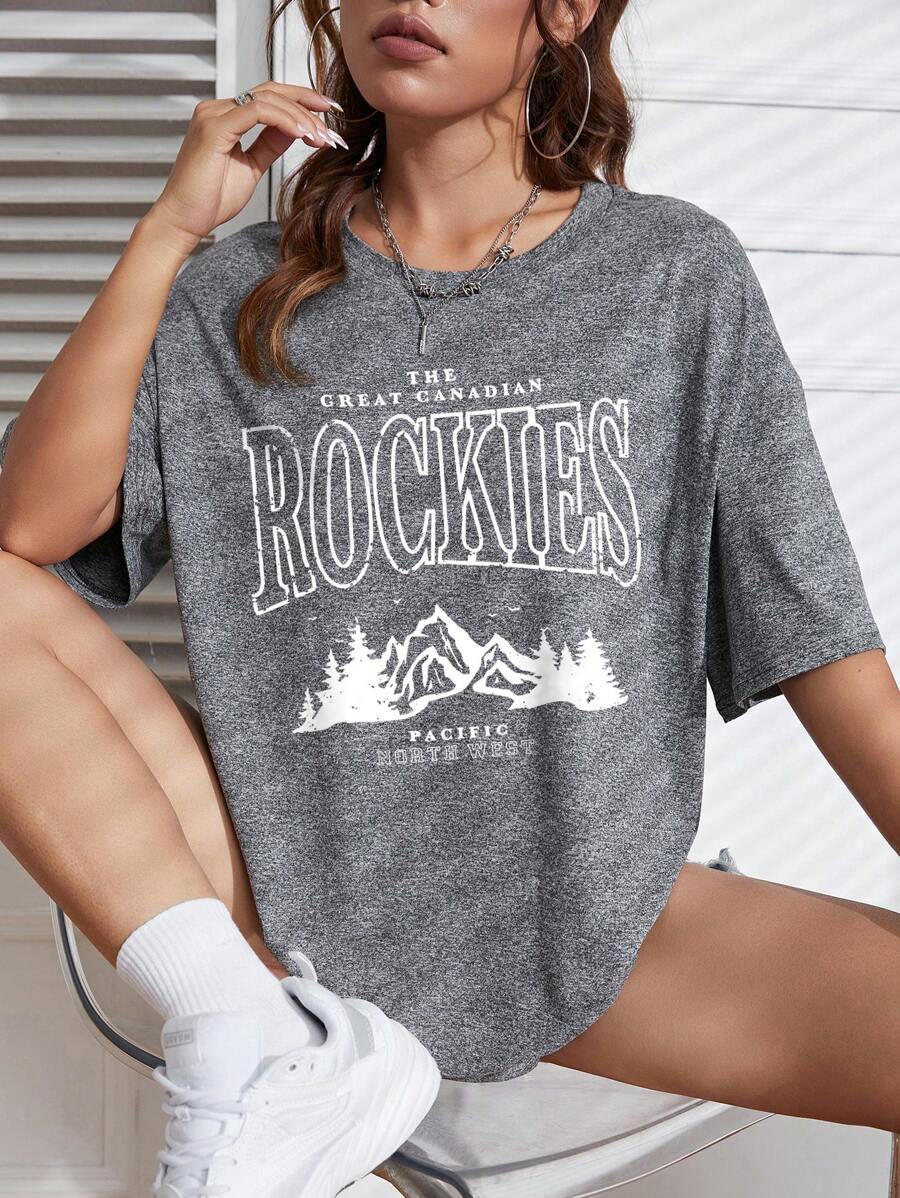 SHEIN EZwear 山與標語圖案落肩T恤 - 灰色 - 查看 1