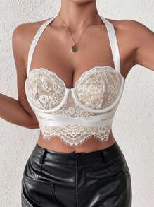 SHEIN Allurite Contrast Lace Crop Halter Top - White - View 1