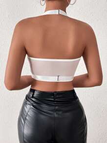 SHEIN Allurite Contrast Lace Crop Halter Top - White - View 2