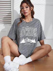 SHEIN EZwear 山與標語圖案落肩T恤 - 灰色 - 查看 3