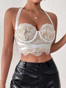 SHEIN Allurite Contrast Lace Crop Halter Top - White - View 3