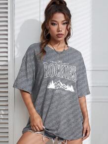SHEIN EZwear 山與標語圖案落肩T恤 - 灰色 - 查看 4