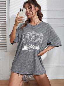 SHEIN EZwear 山與標語圖案落肩T恤 - 灰色 - 查看 5