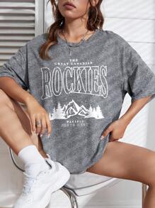 SHEIN EZwear 山與標語圖案落肩T恤 - 灰色 - 查看 6