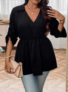 SHEIN Unity Plus Drawstring Side Batwing Sleeve Peplum Blouse - Black - View 5