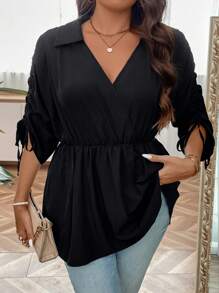 SHEIN Unity Plus Drawstring Side Batwing Sleeve Peplum Blouse - Black - View 6
