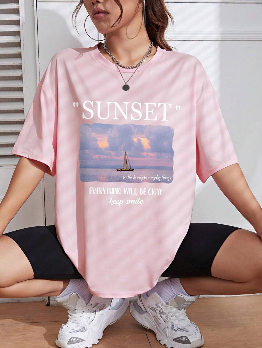 SHEIN EZwear Scenery & Slogan Graphic Drop Shoulder Tee - Baby Pink - View 1