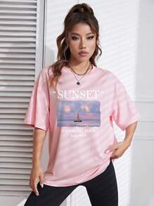 SHEIN EZwear Scenery & Slogan Graphic Drop Shoulder Tee - Baby Pink - View 3