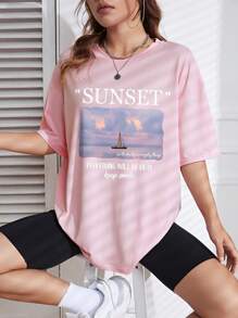 SHEIN EZwear Scenery & Slogan Graphic Drop Shoulder Tee - Baby Pink - View 4
