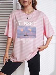 SHEIN EZwear Scenery & Slogan Graphic Drop Shoulder Tee - Baby Pink - View 5