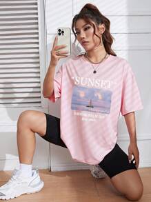 SHEIN EZwear Scenery & Slogan Graphic Drop Shoulder Tee - Baby Pink - View 6