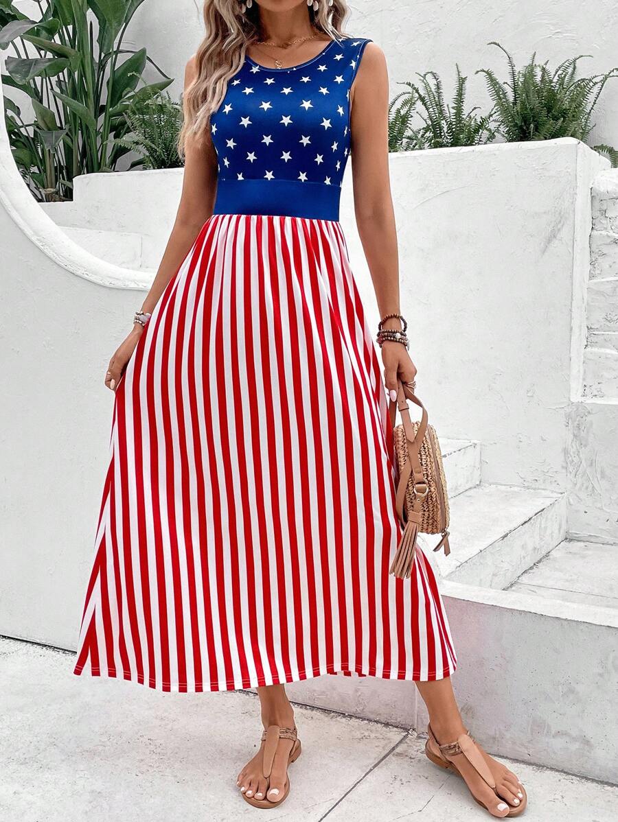 SHEIN VCAY Americana Print A-line Dress - Multicolor - View 1