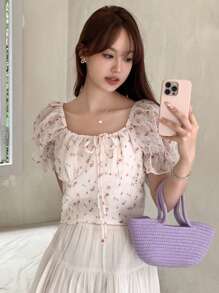 DAZY Ditsy Floral Print Puff Sleeve Ruffle Trim Blouse