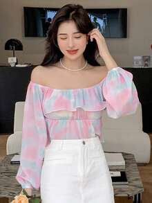 DAZY 紮染一字肩荷葉邊荷葉邊下擺襯衫 - 彩色 - 查看 2