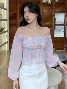 DAZY 紮染一字肩荷葉邊荷葉邊下擺襯衫 - 彩色 - 查看 3