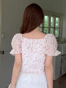 DAZY Ditsy Floral Print Puff Sleeve Ruffle Trim Blouse
