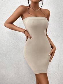 Chiquease Solid Tube Bodycon Jumper Dress - Apricot - View 3