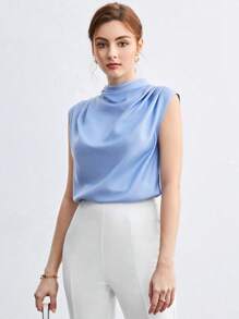 BizChic Ruched Mock Neck Solid Sleeveless Top Workwear - Baby Blue - View 1