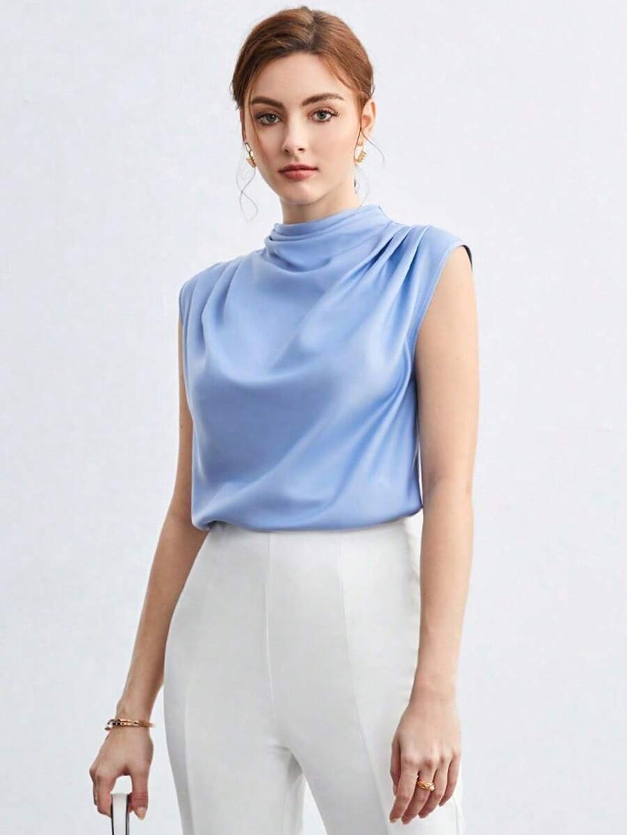 BizChic Ruched Mock Neck Solid Sleeveless Top Workwear - Baby Blue - View 1