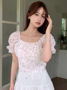 DAZY Ditsy Floral Print Puff Sleeve Ruffle Trim Blouse