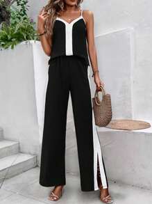 Breezaya Contrast Panel Cami Top & Split Hem Wide Leg Pants - Black and White - View 4