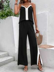 Breezaya Contrast Panel Cami Top & Split Hem Wide Leg Pants - Black and White - View 5