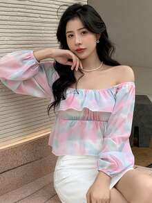 DAZY 紮染一字肩荷葉邊荷葉邊下擺襯衫 - 彩色 - 查看 8