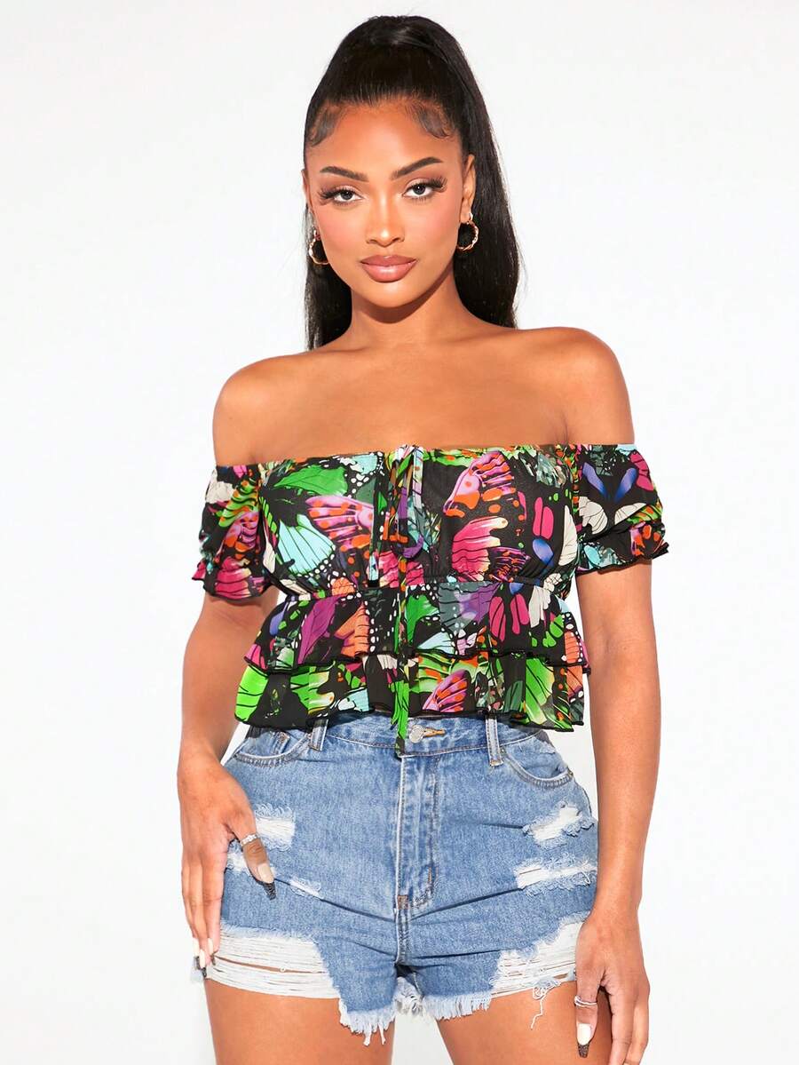 SHEIN SXY Áo sơ mi nữ Thắt nút phân lớp Loại bướm Tất cả trên in Giải trí - Nhiều màu - Xem 1