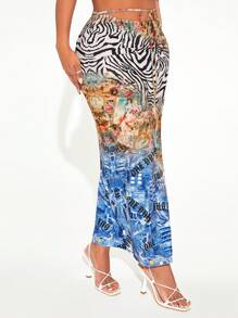 SHEIN SXY Váy nữ Tách cao Thắt nơ trước Hoa Sọc ngựa vằn Gợi cảm - Nhiều màu - Xem 5