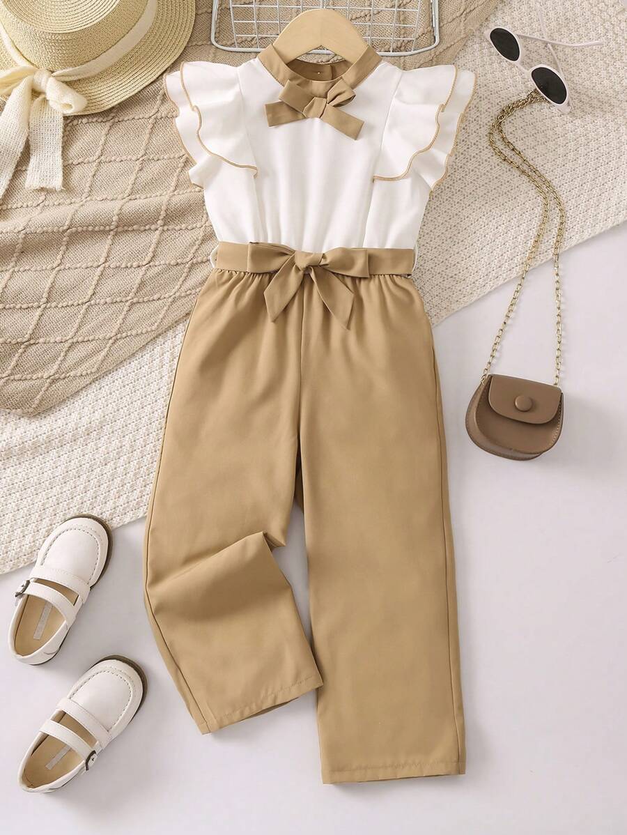 SHEIN Young Girl Two Tone Ruffle Trim Bow Front Belted Jumpsuit - Multicolor - View 1